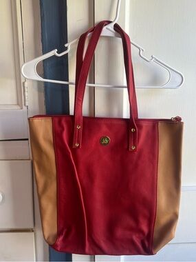 Joy Mangano Red and Tan Two-Tone Tote